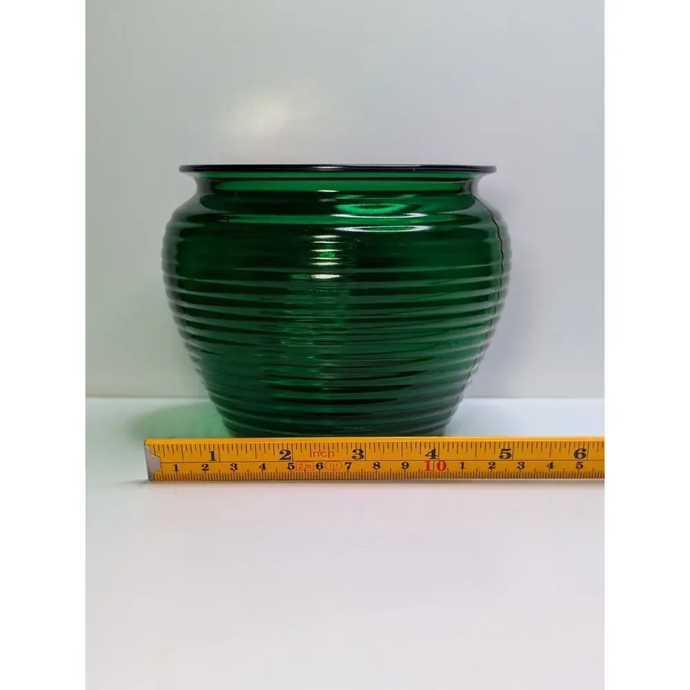 Green Ribbed Glass Planter Bowl Cache Pot Vase 6
